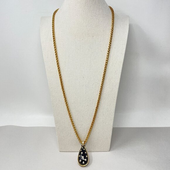 Gold Rope Chain Necklace With Reversible Teardrop Pendant Black & White Crystals - Picture 5 of 9